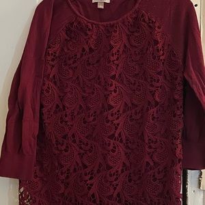 3/4 sleeve sweater with crochet lace overlay-burgundy color